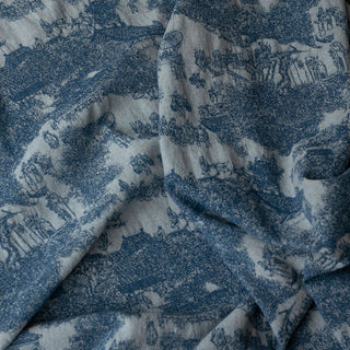 Yardblox Exclusive Japanese Fashion Designer Toile de Jouy Blue Non-Stretch Washed Cotton Viscose Blended Jacquard Denim Twill DS00508