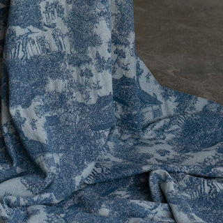 Yardblox Exclusive Japanese Fashion Designer Toile de Jouy Blue Non-Stretch Washed Cotton Viscose Blended Jacquard Denim Twill DS00508