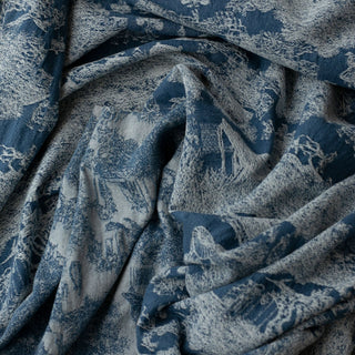 Yardblox Exclusive Japanese Fashion Designer Toile de Jouy Blue Non-Stretch Washed Cotton Viscose Blended Jacquard Denim Twill DS00508