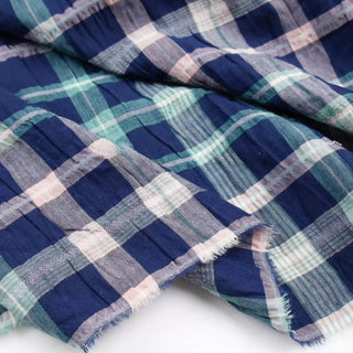 Japanese Fashion Designer Plaid Blue Non-Stretch Crinkled Linen Cotton Blended Plain Woven DS00534