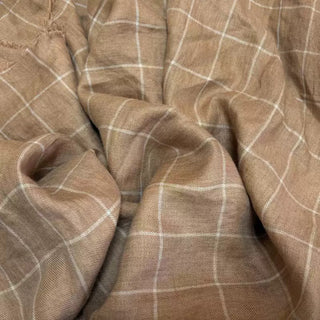 Belgian Fashion Designer Windowpane Brown Non-Stretch Enzyme Washed Linen Plain Woven DS00538
