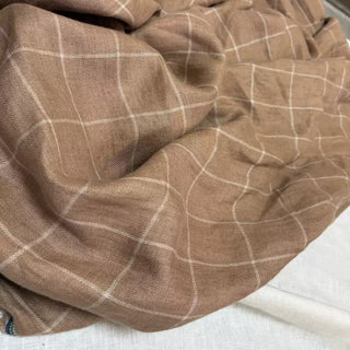 Belgian Fashion Designer Windowpane Brown Non-Stretch Enzyme Washed Linen Plain Woven DS00538