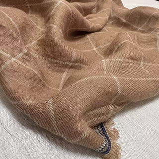 Belgian Fashion Designer Windowpane Brown Non-Stretch Enzyme Washed Linen Plain Woven DS00538