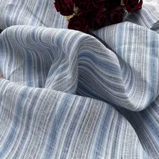 Belgian Fashion Designer Stripes Blue Non-Stretch Enzyme Washed Linen Plain Woven DS00540