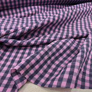 French Fashion Designer Gingham Pink Non-Stretch Salt Shrinking / Puckered Linen Cotton Blended Plain Woven DS00544