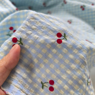 Korean Fashion Designer Gingham Blue Non-Stretch Salt Shrinking / Puckered Cotton Polyester Blended Seersucker DS00545