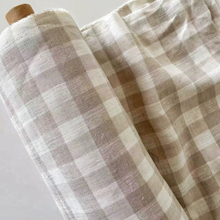 Made In France Premium Quality Gingham Off-White Non-Stretch Washed / Softened Organic Linen Plain Woven DS006103