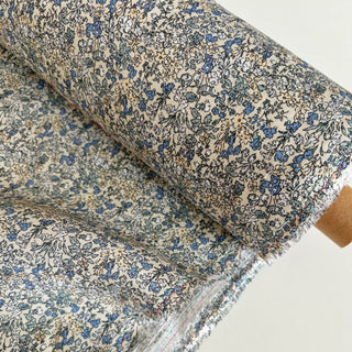 Made In France Premium Quality Floral Blue Non-Stretch Washed / Softened Organic Linen Plain Woven DS006112