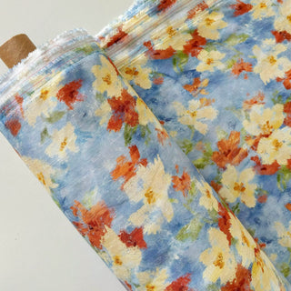Made In France Premium Quality Floral Blue Non-Stretch Washed / Softened Organic Linen Plain Woven DS006113