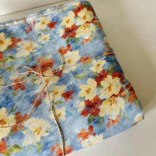 Made In France Premium Quality Floral Blue Non-Stretch Washed / Softened Organic Linen Plain Woven DS006113