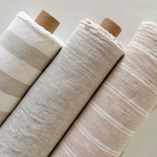 Made In France Premium Quality Stripes Multi Color Non-Stretch Washed / Softened Organic Linen Plain Woven DS006114