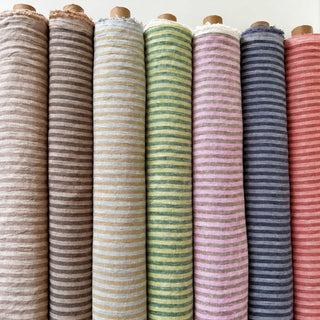 Made In France Premium Quality Stripes Multi Color Non-Stretch Washed / Softened Organic Linen Plain Woven DS006115