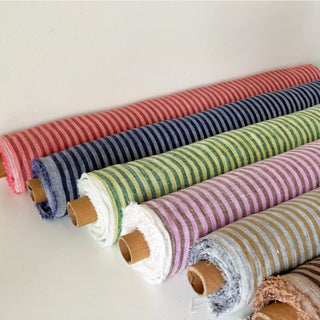 Made In France Premium Quality Stripes Multi Color Non-Stretch Washed / Softened Organic Linen Plain Woven DS006115