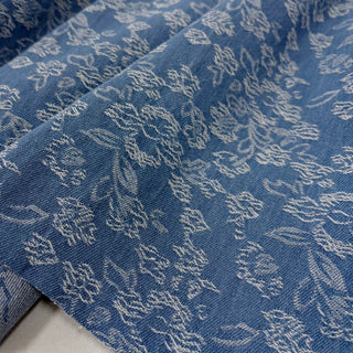 Japanese Designer Floral Blue Non-Stretch Washed Cotton Recycled Polyester Blended Jacquard Denim Twill DS006139