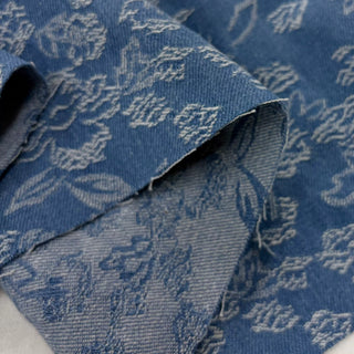 Japanese Designer Floral Blue Non-Stretch Washed Cotton Recycled Polyester Blended Jacquard Denim Twill DS006139
