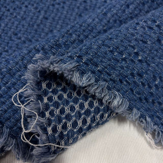 Japanese Designer Solid Blue Non-Stretch Sand Washed / Textured Cotton Recycled Polyester Blended Jacquard Denim DS006167