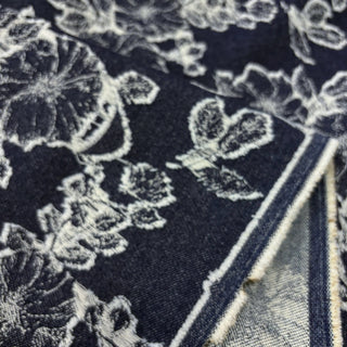 Japanese Designer Floral Blue Non-Stretch Cotton Jacquard Denim Twill DS006175