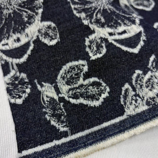 Japanese Designer Floral Blue Non-Stretch Cotton Jacquard Denim Twill DS006175