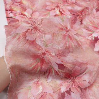 Italian Fashion Designer Floral Pink Non-Stretch Mulberry Silk Linen Blended Plain Woven DS00623 -14 Momme