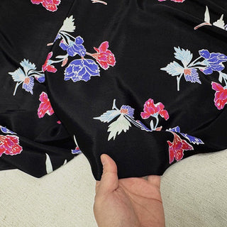 Japanese Fashion Designer Floral Black Non-Stretch Mulberry Silk Cotton Blended Crepe De Chine DS00630 -18 Momme