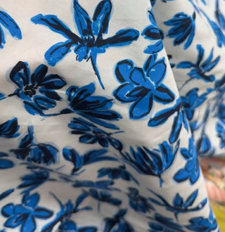 Japanese Fashion Designer Floral Blue Non-Stretch Mulberry Silk Cotton Blended Plain Woven DS00642