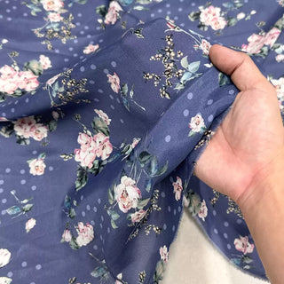 Italian Fashion Designer Floral Blue Non-Stretch Mulberry Silk Cotton Blended Plain Woven DS00676 -15 Momme
