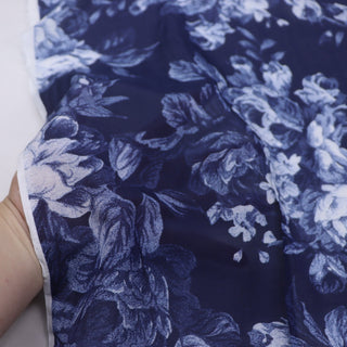 French Fashion Designer Floral Blue Non-Stretch Mulberry Silk Cotton Blended Plain Woven DS00688 -10 Momme