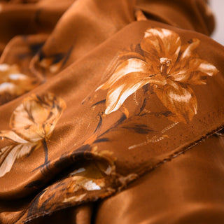 French Fashion Designer Floral Brown Non-Stretch Mulberry Silk Cotton Blended Satin DS01648 -21 Momme