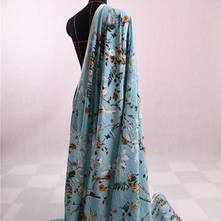 Japanese Designer Floral Blue Non-Stretch Mulberry Silk Crepe De Chine DS01681 -17 Momme
