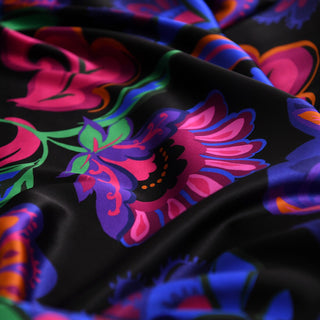 American Designer Floral Black Stretch Mulberry Silk Elastane Blended Charmeuse Satin DS01682 -19 Momme