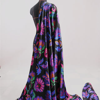 American Designer Floral Black Stretch Mulberry Silk Elastane Blended Charmeuse Satin DS01682 -19 Momme