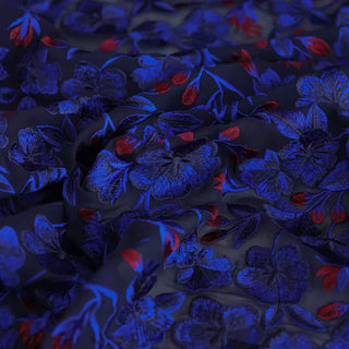 Yardblox Exclusive French Luxury Designer Floral Navy/Red Non-Stretch Embroidery Cotton Chiffon DS03439