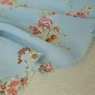 Italian Fashion Designer Floral Blue Non-Stretch Linen Viscose Blended Crepe DS03606