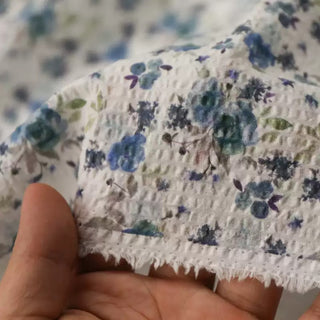 Japanese Fashion Designer Floral Blue Non-Stretch Salt Shrinking / Puckered Cotton Seersucker DS03626