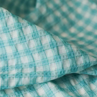 Italian Fashion Designer Plaid Turquoise Non-Stretch Salt Shrinking / Puckered Cotton Seersucker DS03628