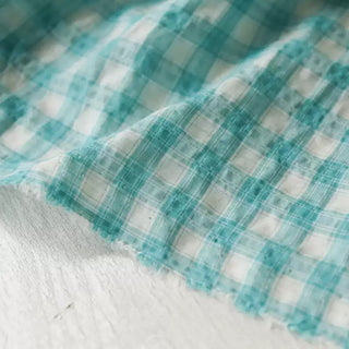 Italian Fashion Designer Plaid Turquoise Non-Stretch Salt Shrinking / Puckered Cotton Seersucker DS03628
