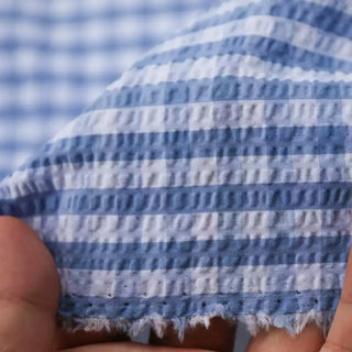 Italian Fashion Designer Gingham Blue Non-Stretch Salt Shrinking / Puckered Cotton Seersucker DS03629