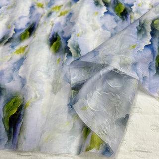 Japanese Fashion Designer Botanical Blue Non-Stretch Linen Tencel™ / Lyocell Blended Dobby Jacquard DS06614