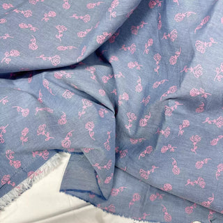 Japanese Fashion Designer Floral Blue Stretch Cotton Oxford Chambray DS06645