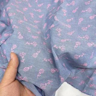 Japanese Fashion Designer Floral Blue Stretch Cotton Oxford Chambray DS06645