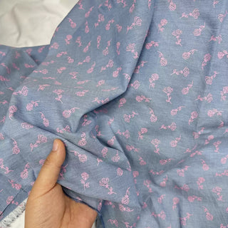 Japanese Fashion Designer Floral Blue Stretch Cotton Oxford Chambray DS06645
