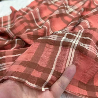 Japanese Designer Plaid Orange Non-Stretch Salt Shrinking / Puckered Cotton Muslin DS06669
