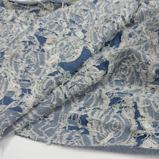 Japanese Designer Floral Blue Non-Stretch Fringe Cotton Recycled Polyester Blended Jacquard Denim Twill DS06673