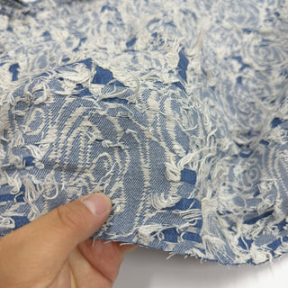 Japanese Designer Floral Blue Non-Stretch Fringe Cotton Recycled Polyester Blended Jacquard Denim Twill DS06673