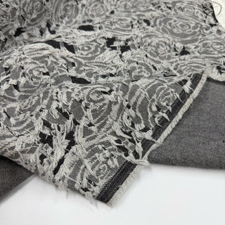 Japanese Designer Floral Black Non-Stretch Fringe Cotton Recycled Polyester Blended Jacquard Denim Twill DS06674