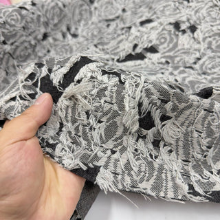 Japanese Designer Floral Black Non-Stretch Fringe Cotton Recycled Polyester Blended Jacquard Denim Twill DS06674
