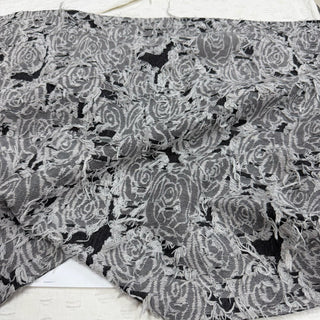 Japanese Designer Floral Black Non-Stretch Fringe Cotton Recycled Polyester Blended Jacquard Denim Twill DS06674