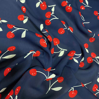 Korean Fashion Designer Fruits and Vegetables Blue Non-Stretch Recycled Polyester Crepe DS09601
