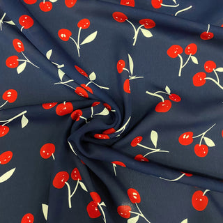 Korean Fashion Designer Fruits and Vegetables Blue Non-Stretch Recycled Polyester Crepe DS09601