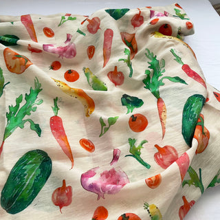 Yardblox Exclusive Japanese Fashion Designer Fruits and Vegetables Beige/Multi Color Non-Stretch Linen Tencel™ / Lyocell Blended Plain Woven DS16513